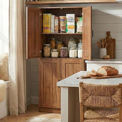 71" Tall Kitchen Pantry Cabinet, Freestanding Food Storage Organizer with Doors & Adjustable Shelves, Large Utility Hutch Cupboard for Dining Room, Living Room, Bathroom & Home Office, Brown