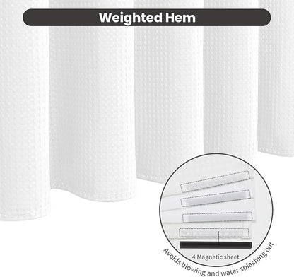 Inhousolu No Hook Waffle Weave Shower Curtain with Removable Snap in Fabric Liner Set for Bathroom, 230 GSM Heavy Duty Weighted Hem, Water Repellent Washable Bath Curtains, 60 x 72 Inch, White