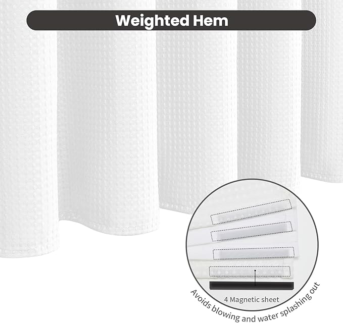 Inhousolu No Hook Waffle Weave Shower Curtain with Removable Snap in Fabric Liner Set for Bathroom, 230 GSM Heavy Duty Weighted Hem, Water Repellent Washable Bath Curtains, 36 x 72 Inch, White