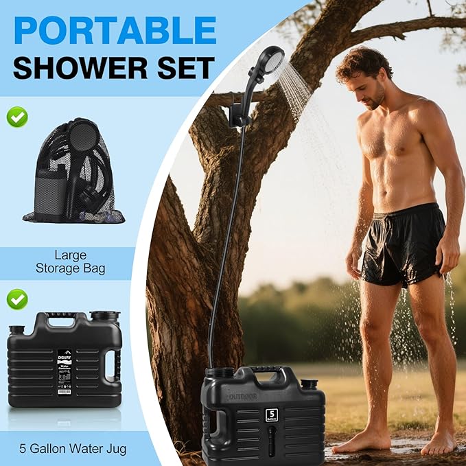 Portable Camping Shower with 5 Gallon Water Jug, 6000mAh Rechargeable Outdoor Camping Shower Kit, IPX7 Waterproof Pump BPA Free Water Containers Camp Essentials