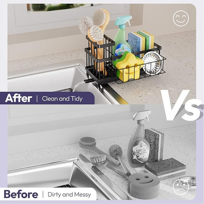 SWTYMIKI Sink Caddy Sponge Holder - Large Sponge Holder for Kitchen Sink with 360°Auto-Drain Tray, Rustproof Stainless Steel Kitchen Organizer Caddy for Countertop Organization