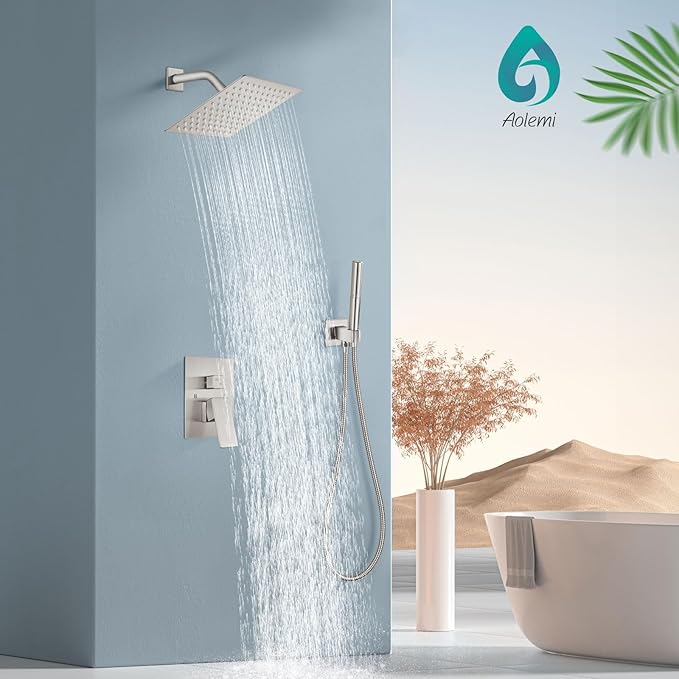 Aolemi Shower Faucet Set, High Pressure Shower System with 2-in-1 Handheld Sprayer, Wall Mount Fixture Combo with Rough-in Valve, 8 Inch Shower Head, Brushed Nickel