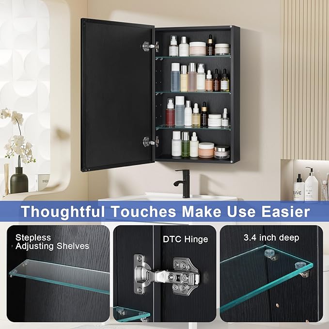Black Bathroom Medicine Cabinet with Mirror, 17x30 Inch Rectangle Wall-Mounted Bathroom Mirror with Storage & Adjustable Tempered Glass Shelves for Bathroom Vanity, Over Sink
