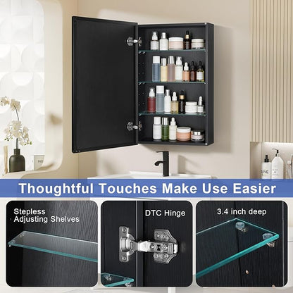 Black Bathroom Medicine Cabinet with Mirror, 17x30 Inch Rectangle Wall-Mounted Bathroom Mirror with Storage & Adjustable Tempered Glass Shelves for Bathroom Vanity, Over Sink