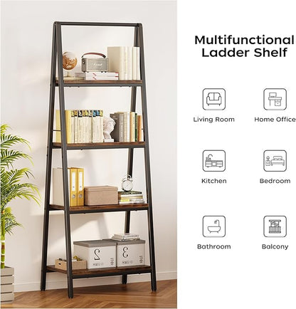 Homeiju 4-Tier Leaning Ladder Bookshelf, Rustic and Wood Ladder Shelf Bookcase, Industrial Ladder Shelf Storage Rack for Home Office, Bedroom, Bathroom or Kitchen