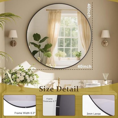40 Inch Round Mirror - Circle Mirrors for Bathroom, Entryway and Living Room Wall Decor, Modern Hanging Vanity Mirror, Matte Black Circle Decorative Wall Mirror