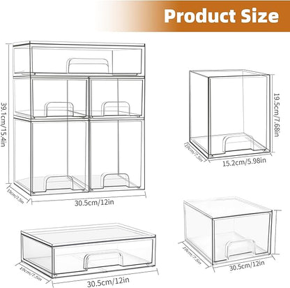 Baby Bottle Organizer, 5 Pack Stackable Storage Drawers with Labels, Clear Station Organizers Container for Pacifiers, Pump Parts, Desk Organizer Bins for Bathroom, Cabinet, Pantry, Vanity, Countertop