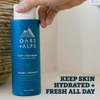 Oars + Alps Body and Face Wash for Men, Mens Body Wash & Face Cleanser with Vitamin E and Antioxidants, Moisturizing, Hydrating, Paraben & Sulfate Free Cleanser, Alpine Tea Tree, 1pk