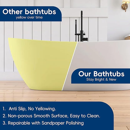 73'' High-back Freestanding Solid Surface Resin Stone Bathtub, Freestanding Tub, Contemporary Design Stand Alone Tub with Pop-up Drain and Overflow, Matte White (Oval)