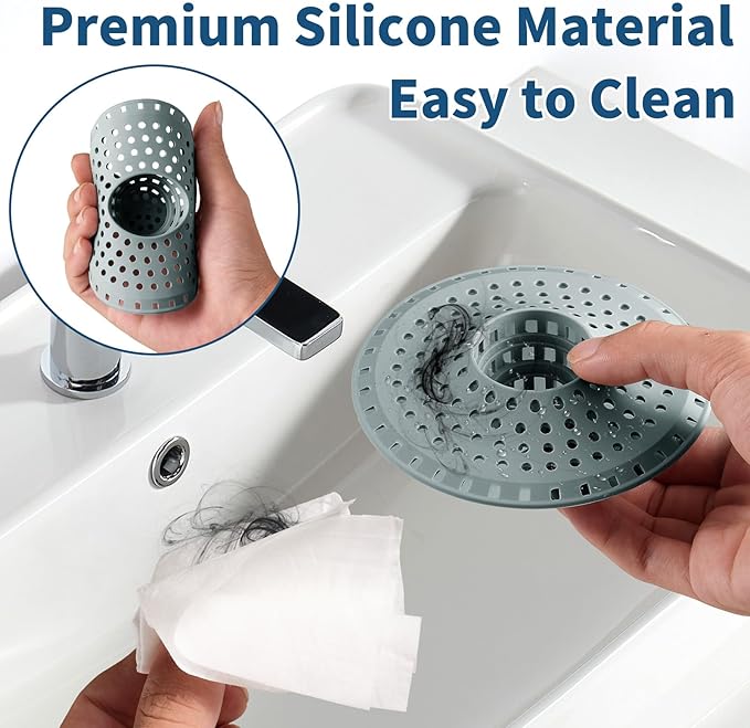 Bathtub Drain Hair Catcher,Tub Shower Drain Hair Trap/Strainer,3PCS Silicone Collapsible Tub Hair Catcher Drain Protector Designed for 1.47" to 1.75'' Regular Drains(Greyish Blue)