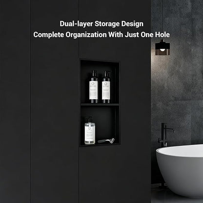 Shower Niche 12x24, Matte Black, No Tile Needed 304 Stainless Steel Recessed Wall Niche Insert with Double Shelves, Built-in Sloped Base Drainage, in-Wall Shower Storage for Bathroom Remodel