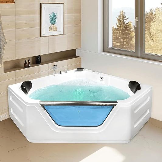 Corner Tub 2 Person Acrylic Whirlpool Bathtub,59" Corner Jetted Bathtub with Light,Spa Bath tub with 6 Jets,Hydro Massage Tub with Chromatherapy,White