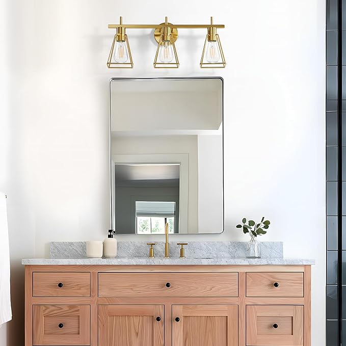 Industrial Bathroom Vanity Lights: 3 Lights Brushed Gold Vintage Metal Cage Wall Lamps - Rustic Farmhouse Lightning Fixture Over Mirrors Cabinet for Dressing Hallway