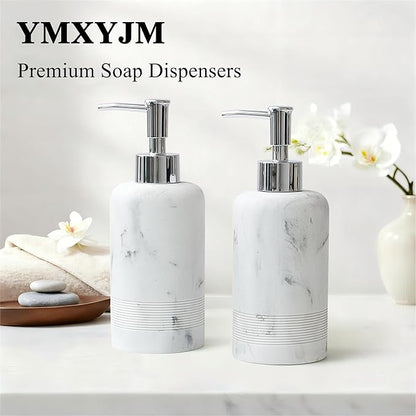 2pcs/Set Hand Soap Dispenser Sets - 10.8oz Refillable Resin Liquid Soap Dispensers with Rust-Proof Pump for Bathroom Countertop or Kitchen, Marble White