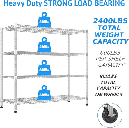 Homdox Heavy Duty Metal Shelves for Storage, 4 Tier Storage Racks and Shelving, Commercial Adjustable Wire Shelving Unit on Wheels, Garage Rack Pantry Shelves Kitchen Shelving, 18"x48"x72", Chrome