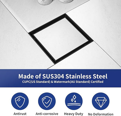 Square Shower Drain 6", Matte Black Floor Drain with Tiled Insert Grate & Hair Strainer, 304 Stainless Steel Bathroom 2-in-1 Tiled in Drain, CUPC Certified (Matte Black, 6'')