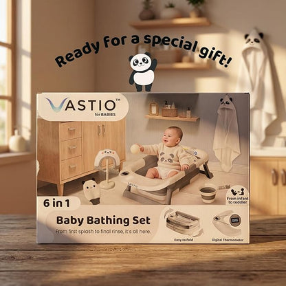 VASTIO™ 6-in-1 Collapsible Baby Bathtub Set – Foldable Baby Bath Tub for Newborn to Toddler, Portable Baby Bath Set with Cushion, Cap, Sponge, Rinse Cup & Towel – All-in-One Baby Bathing Essentials