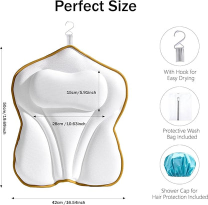 Bath Pillow PYRRHIC - Luxury Bathtub Pillow 5D Mesh with Neck & Back Support Non-Slip Suction Cups Fast Drying Soft Spa Pillow Relaxing Bath Accessories with Hook Laundry Bag White