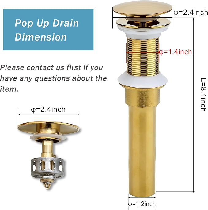 Bathroom Sink Drain, 2 Pack Gold Drain Stopper Bathroom Sink Without Overflow, Pop Up Drain Assembly with Detachable Strainer Basket, Built-in Anti-Clogging Strainer,Stainless Steel