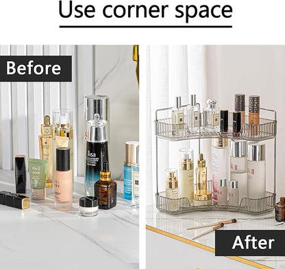 2-Tier Corner Bathroom Counter Organizer – Classic Storage Shelf for Makeup, Perfume & Toiletries, Space-Saving Countertop Tray Fits Bathroom, Dresser, Kitchen (Slate Gray)