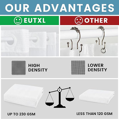 White Stall No Hook Shower Curtain with Snap in Liner,230GSM Waffle Weave Shower Curtains for Bathroom,54W x 80H