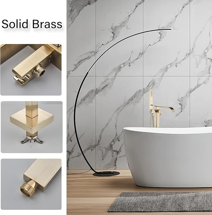 Freestanding Bathtub Faucet Brushed Gold Floor Mount Waterfall Tub Filler High Flow with Hand Shower Solid Brass 360 Degree Swivel Standing Mixer Taps for Bathroom