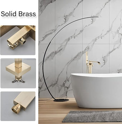 Freestanding Bathtub Faucet Brushed Gold Floor Mount Waterfall Tub Filler High Flow with Hand Shower Solid Brass 360 Degree Swivel Standing Mixer Taps for Bathroom