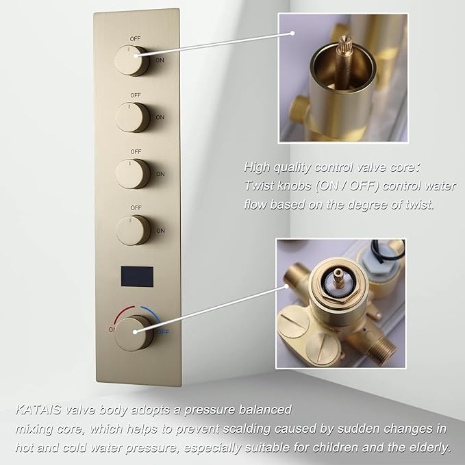 Brushed Gold Digital Display Shower System with 16X24 inch Ceiling Mounted Shower Head(Rain&Waterfall Modes), with Handheld Spray and 6 PCS Dual Modes Body Jet