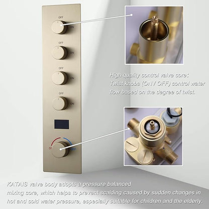 Brushed Gold Digital Display Shower System with 16X24 inch Ceiling Mounted Shower Head(Rain&Waterfall Modes), with Handheld Spray and 6 PCS Dual Modes Body Jet