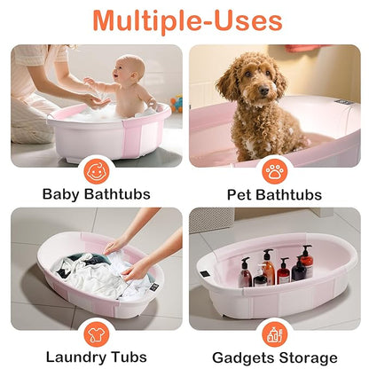 Collapsible Baby Bathtub - Large Baby Bath Tub with Thermometer & Cushion | Travel Portable Newborn Infant Bathtub | Foldable Toddler Bathtub for Baby 0 to 36 Months (Pink)