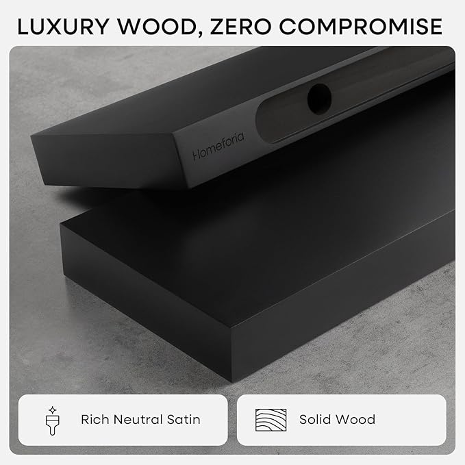 Homeforia Black Floating Shelf 18 inch, High End Solid Real Wood 18inch Bathroom Floating Shelves for Wall Mounted, Black Wooden 18in Floating Shelves, Heavy Duty Bracket, 18 X 6.5 X 1.75 in, Set of 2