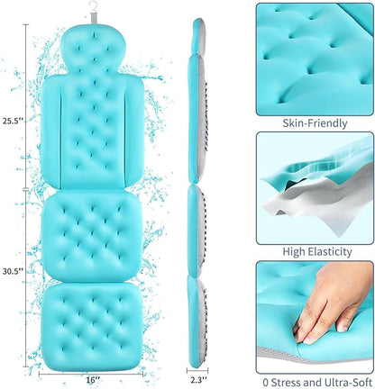 Luxury Bath Cushion, Full Body Bathtub Pillow with 160 Suction Cups, Bath Mat for Head and Neck Support, with Laundry Bag (Blue, 56.2" x 16.2")