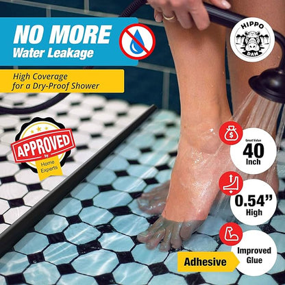 Shower Threshold Water Dam Barrier 40" - Black Collapsible Shower Water Blocker - Guard for Walk in Shower - Water Guard Stopper for Floor - Shower Door Water Blocker - Triangular - By Hippo Dam