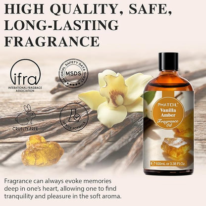 PHATOIL 3.38FL.OZ Vanilla Amber Fragrance Oils for Aromatherapy, Essential Oils for Diffusers for Home, Perfect for Diffuser, Yoga, Skin Care, DIY Candle and Soap Making - 100ml