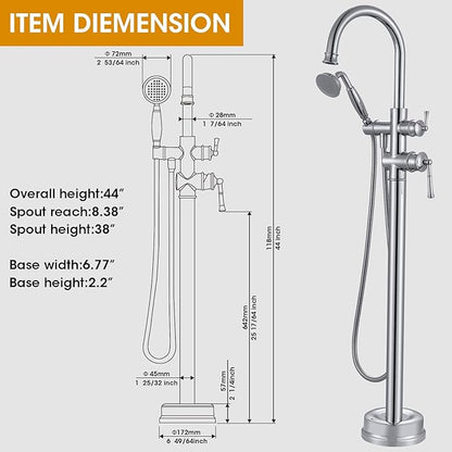 Freestanding Tub Faucet, Floor Mount Tub Faucet Polished Chrome High Flow Tub Filler, Roman Tub Faucet with Antique Handheld, Swivel Gooseneck Spout Shower Mixer Taps (B2311-CP)