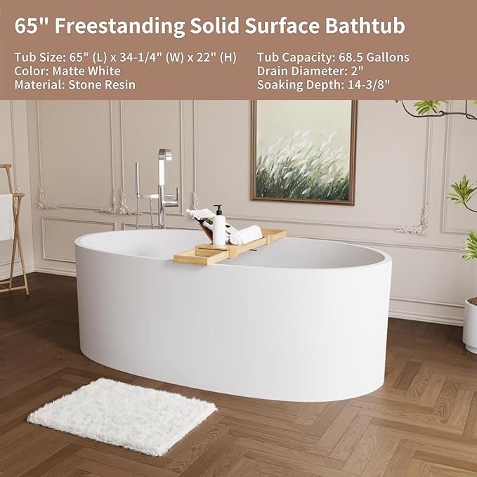 Abruzzo 65" Matte White Freestanding Solid Surface Bathtub, Stone Resin Freestanding Bath Tub with Overflow and Pop-up Drain
