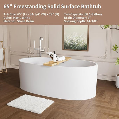 Abruzzo 65" Matte White Freestanding Solid Surface Bathtub, Stone Resin Freestanding Bath Tub with Overflow and Pop-up Drain