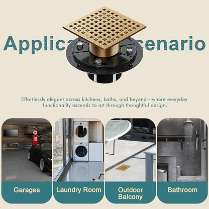 Champagne Bronze Shower Drain 4-1/4 Inch - Square Shower Floor Drain Kit with ABS Flange for 2" or 3" Pipe, Drain with Hair Strainer,Removable Strainer Cover,SUS304 Stainless Steel & CUPC Certified