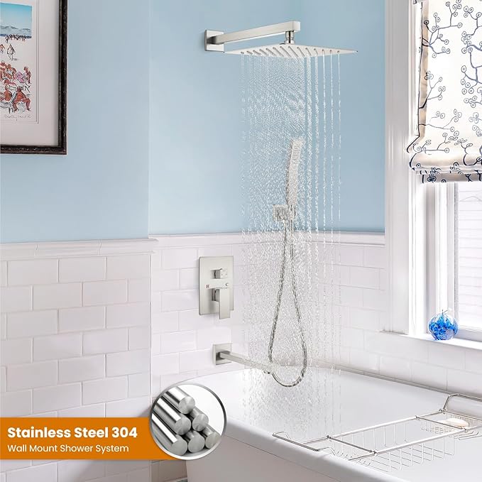 gotonovo Shower System with Tub Spout Wall Mounted Rain Shower Head and Handle Combo Shower Faucet Set with Valve, 10 Inch, Brushed Nickel