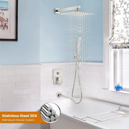 gotonovo Shower System with Tub Spout Wall Mounted Rain Shower Head and Handle Combo Shower Faucet Set with Valve, 10 Inch, Brushed Nickel