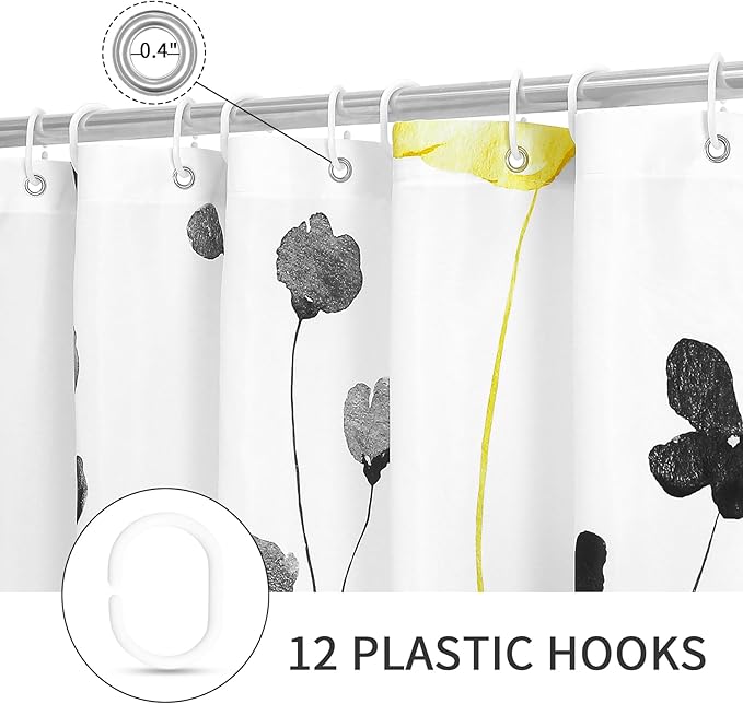 Gibelle Yellow and Grey Floral Shower Curtain, Watercolor Flower Shower Curtain for Bathroom, Modern Minimalist White Waterproof Fabric Shower Curtain Set 72x72 Inch