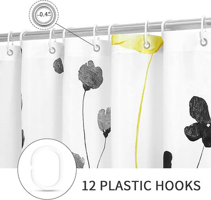Gibelle Yellow and Grey Floral Shower Curtain, Watercolor Flower Shower Curtain for Bathroom, Modern Minimalist White Waterproof Fabric Shower Curtain Set 72x72 Inch