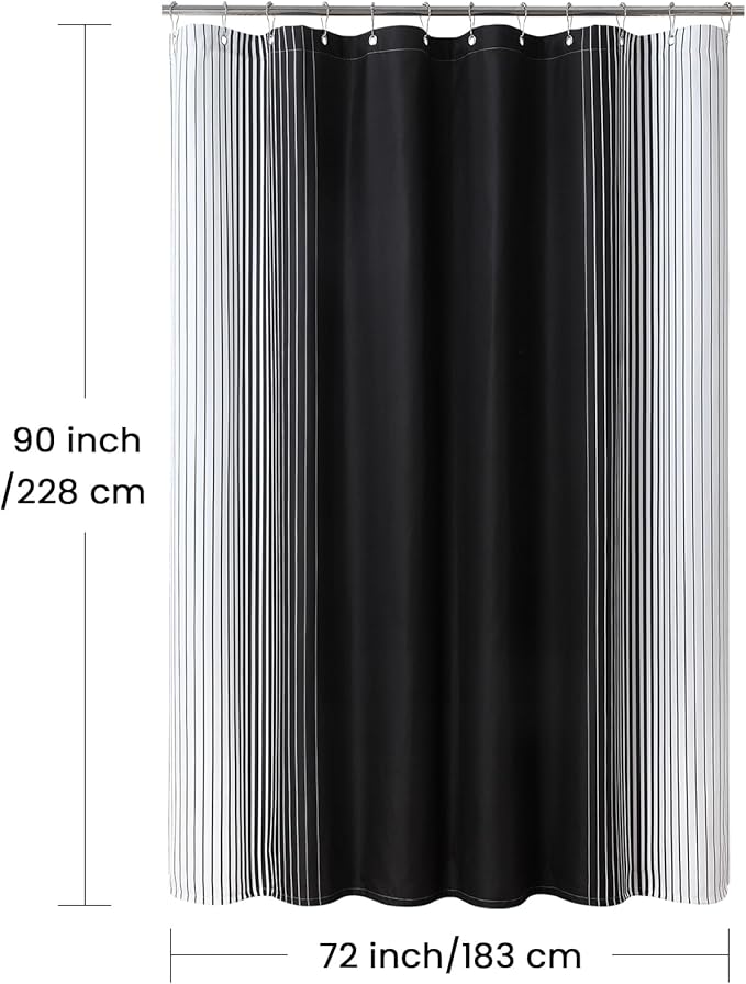 90 Inch Black Shower Curtain, Extra Long Modern Black and White Gradient Vertical Stripe Waterproof Polyester Shower Curtains for Bathroom, 72x90 Inches