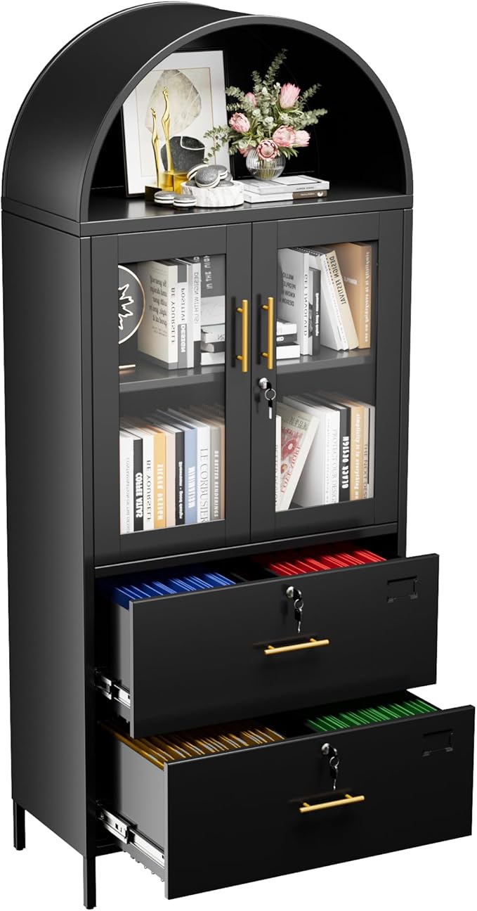 73''H Metal Arch File Cabinet, Black Arched Bookcase with Locking Glass Doors and Drawers,Filing Cabinet for Home Office,Assemble Required,Black