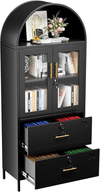 73''H Metal Arch File Cabinet, Black Arched Bookcase with Locking Glass Doors and Drawers,Filing Cabinet for Home Office,Assemble Required,Black