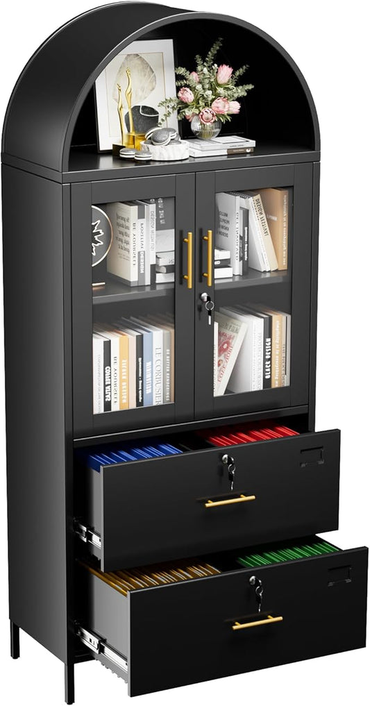 73''H Metal Arch File Cabinet, Black Arched Bookcase with Locking Glass Doors and Drawers,Filing Cabinet for Home Office,Assemble Required,Black