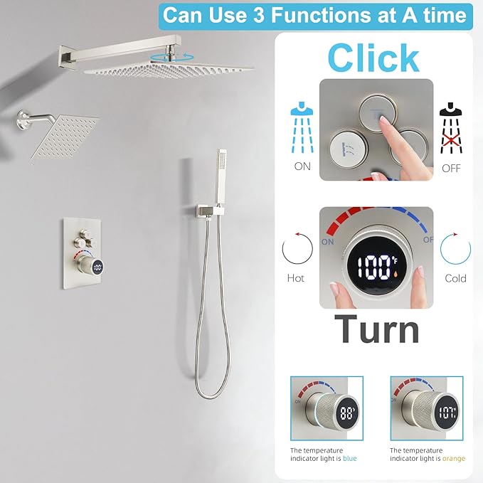 Digital Display Dual Head Shower system Rain Shower System Shower Wall Mount 10 Inch Ceiling Shower Head with 6 Inch Shower Head with shower handheld(Brushed Nickel)