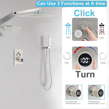 Digital Display Dual Head Shower system Rain Shower System Shower Wall Mount 10 Inch Ceiling Shower Head with 6 Inch Shower Head with shower handheld(Brushed Nickel)