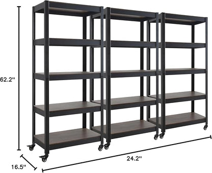 HOMEDANT House 5-Tier Metal Rolling Cart Shelf Rack Casters Heavy Duty Laminated Wheel Shelving Unit Adjustable Utility Storage Shelves Organizer Shelf Kitchen Garage (3, (S) 24.4" W, Black)