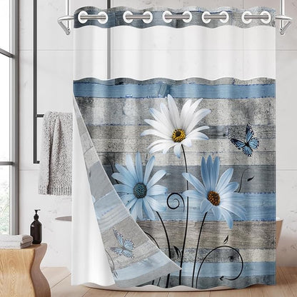No Hook Blue Daisy and Butterfly Shower Curtain with Snap in Fabric Liner Set, Rustic Farmhouse Double Layers Waterproof Fabric with See Through Top Window Open Grommet Bath Curtain 71x74 Inch